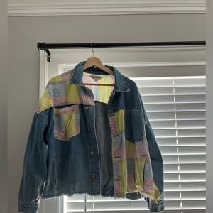 Relaxed fit denim jacket with pink and yellow patch detail